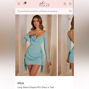 OhPolly “MILA Long Sleeve Draped Mini Dress in Teal”.  US Size 8/UK 12